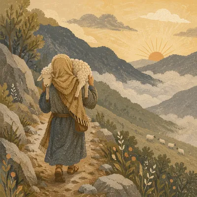 Shepherd Carrying Lost Lamb at Dawn