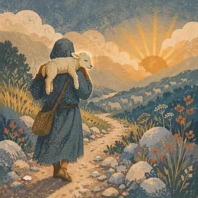 Shepherd Carrying Lost Lamb at Sunrise