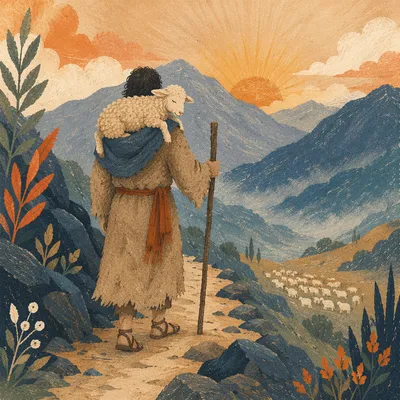 Shepherd Carrying Lost Lamb at Dawn