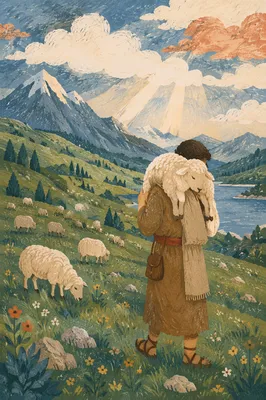 Shepherd Carrying Lost Lamb in Mountains