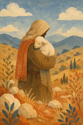 Shepherd Carrying Found Lamb in Mountains