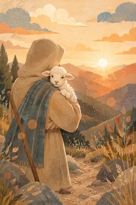Shepherd Carrying Lost Lamb in Mountains