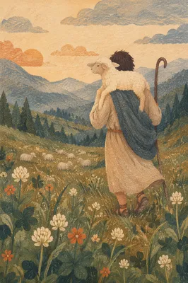 Shepherd Carrying Lost Lamb in Mountain Meadow