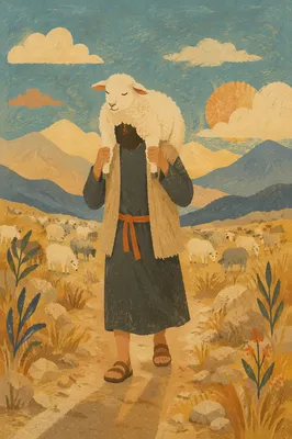 Shepherd Carrying Lost Lamb in Mountains