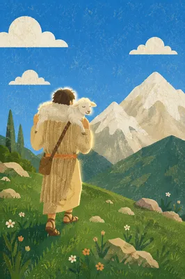 Shepherd Carrying Lost Lamb in Mountain Pasture