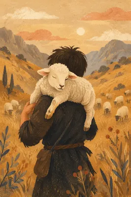 Shepherd Carrying Lost Lamb in Golden Hills
