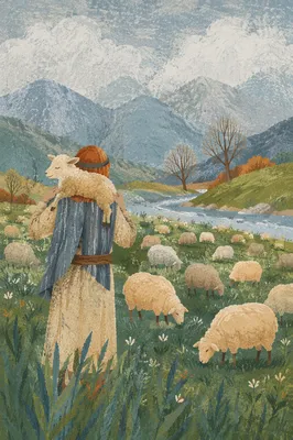 Shepherd Carrying Lost Lamb in Mountain Meadow