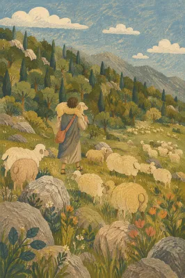 Shepherd Carrying Lost Lamb Through Mountain Meadow