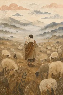 Shepherd Carrying Lost Lamb in Misty Mountains