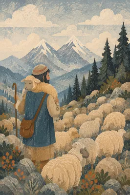 Shepherd Carrying Lost Lamb in Alpine Valley
