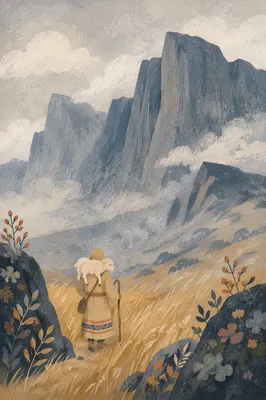 Shepherd Carrying Lost Lamb in Misty Mountains