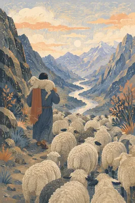 Shepherd Carrying Lost Lamb Through Mountains