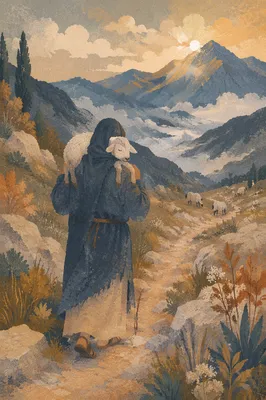 Shepherd Carrying Lost Lamb at Dawn