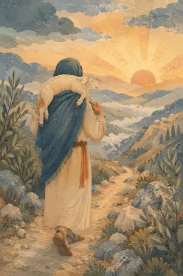 Shepherd Carrying Rescued Lamb at Dawn