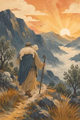 Shepherd Carrying Lost Lamb at Dawn