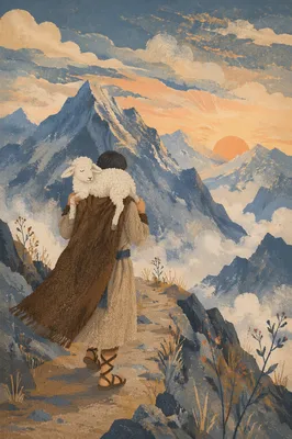Shepherd Carrying Lost Lamb at Dawn