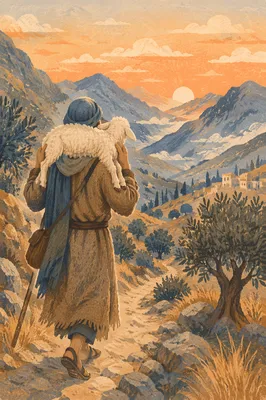 Shepherd Carrying Lost Lamb at Dawn