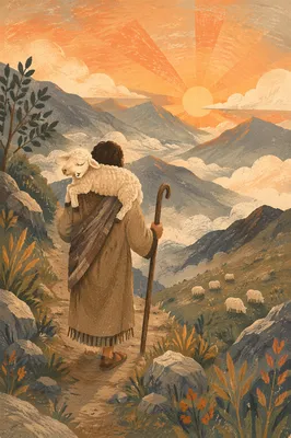 Shepherd Carrying Lost Lamb at Dawn