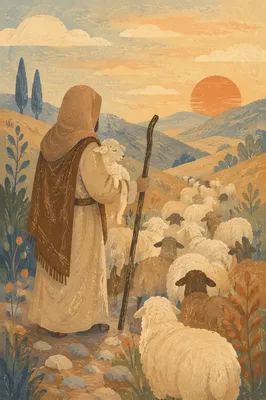Shepherd Carrying Lost Lamb in Mountain Valley