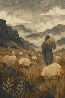 Shepherd Carrying Lost Lamb at Dawn