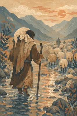 Shepherd Carrying Lost Lamb in Mountain Valley