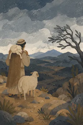 Shepherd Carrying Lost Lamb Across Mountain Ridge