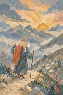 Shepherd Carrying Lost Lamb at Dawn