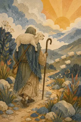 Shepherd Carrying Lost Lamb at Sunrise
