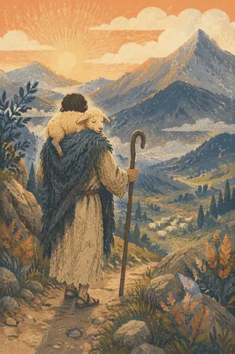 Shepherd Carrying Lost Lamb in Mountains