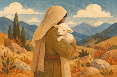 Shepherd Carrying Lost Lamb in Mountain Pasture