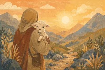 Shepherd Carrying Lost Lamb in Mountains
