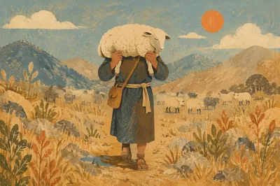 Shepherd Carrying Lost Lamb in Mountains