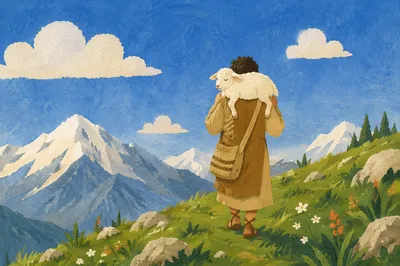 Shepherd Carrying Lost Lamb in Mountain Pasture