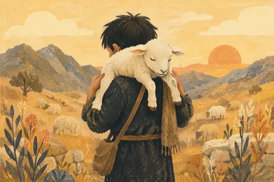 Shepherd Carrying Lost Lamb in Golden Mountains