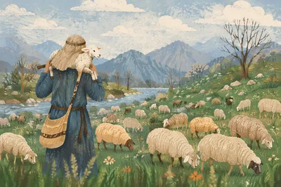 Shepherd Carrying Lost Lamb in Mountain Meadow