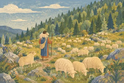 Shepherd Carrying Lost Lamb Through Mountain Meadow