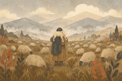 Shepherd Carrying Lost Lamb Through Misty Mountains