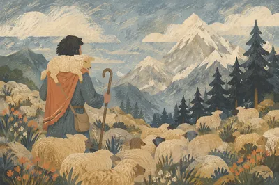 Shepherd Carrying Lost Lamb in Mountains
