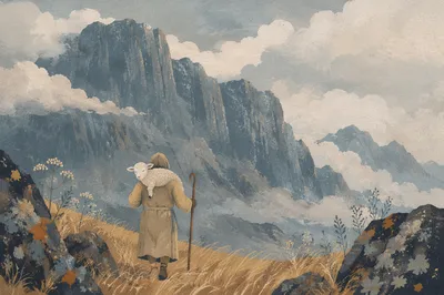 Shepherd Carrying Lost Lamb in Mountains