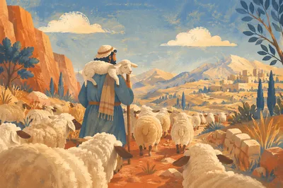 Shepherd Carrying Lost Lamb Through Mountains