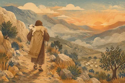 Shepherd Carrying Lost Lamb at Dawn