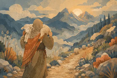 Shepherd Carrying Lost Lamb at Dawn