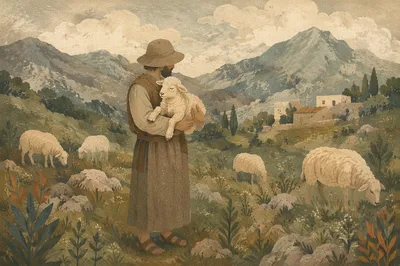 Shepherd Carrying Lost Lamb in Mountains