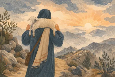 Shepherd Carrying Rescued Lamb at Dawn