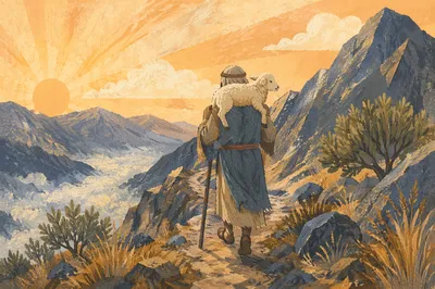 Shepherd Carrying Lost Lamb at Dawn