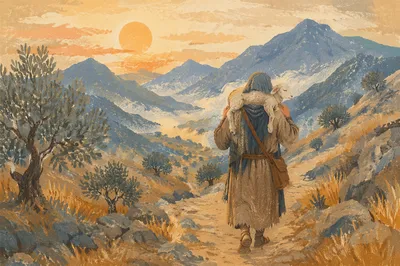 Shepherd Carrying Lost Lamb at Dawn