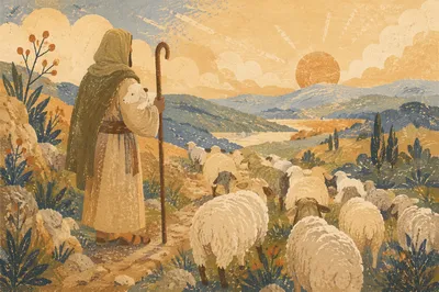 Shepherd Carrying Lost Lamb in Mountain Valley