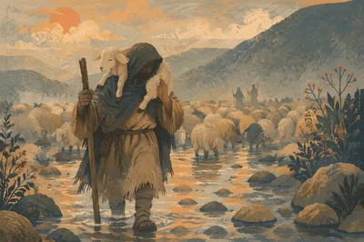 Shepherd Carrying Lost Lamb Through Mountain Stream