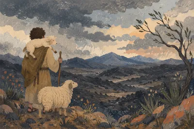 Shepherd Carrying Lost Lamb Across Mountain Ridge