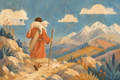 Good Shepherd Carrying Lost Lamb in Mountains
